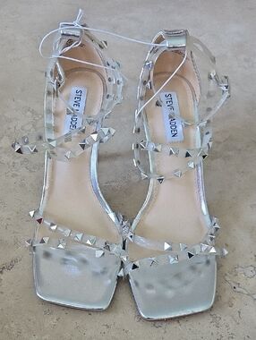 Steve Madden Metallic Silver Pyramid-Stud Strappy Heels